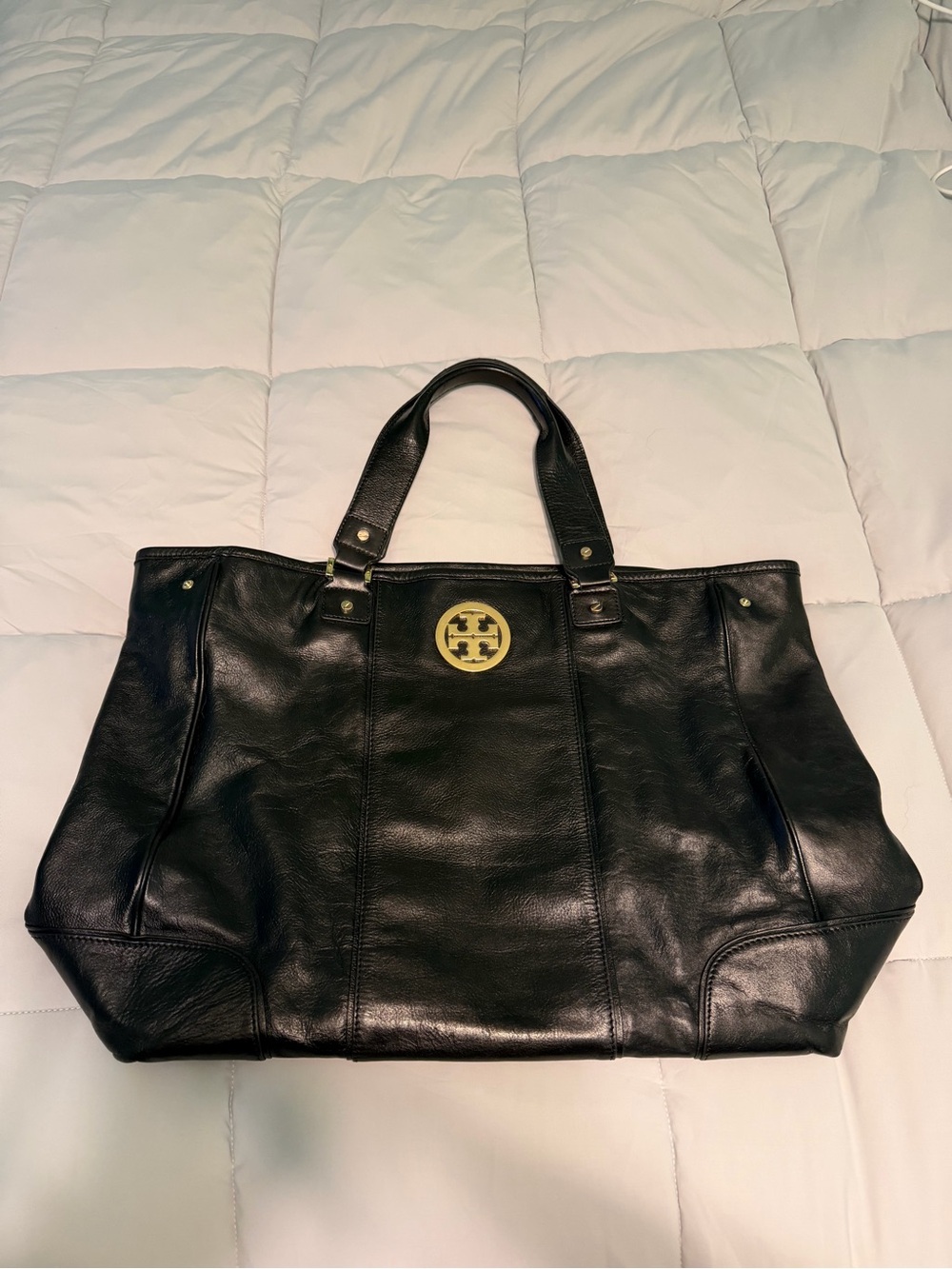 Tory Burch Black Leather Tote with Gold Logo